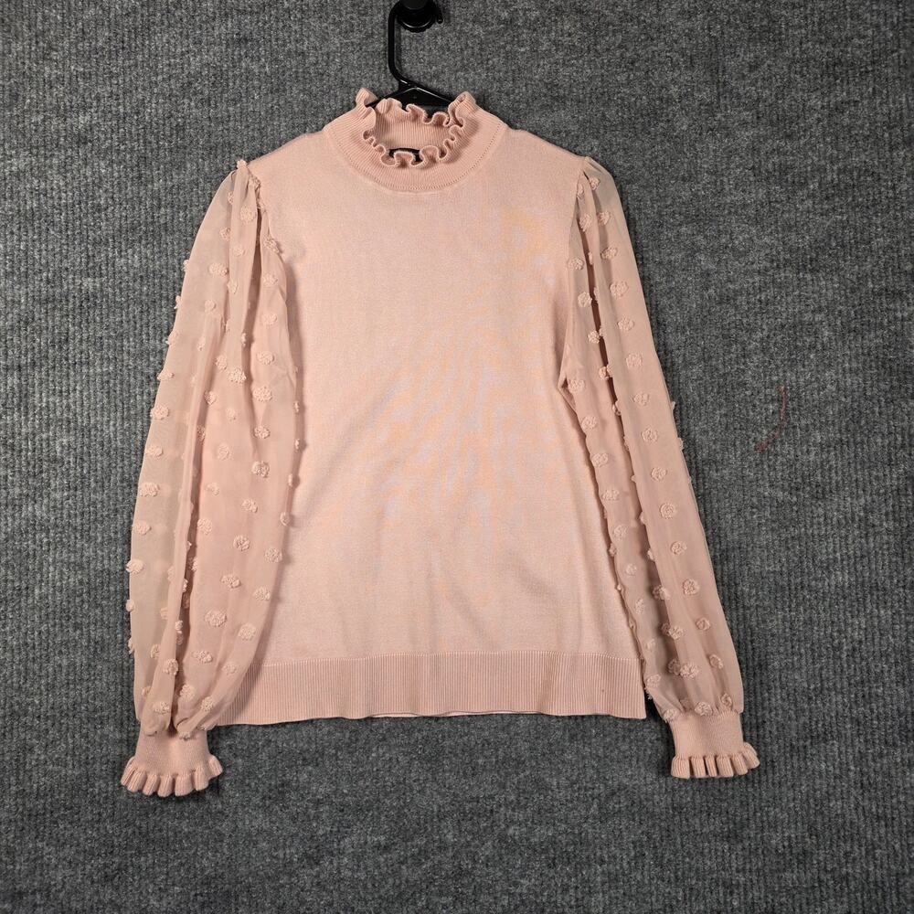 Adrianna Papell Blush Mock Neck Sweater Sheer Swiss Dot Sleeves M